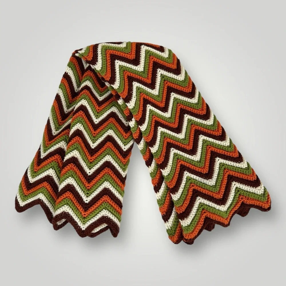 Vintage Zig Zag Chevron Crochet Throw Blanket Brown Orange Green White 50